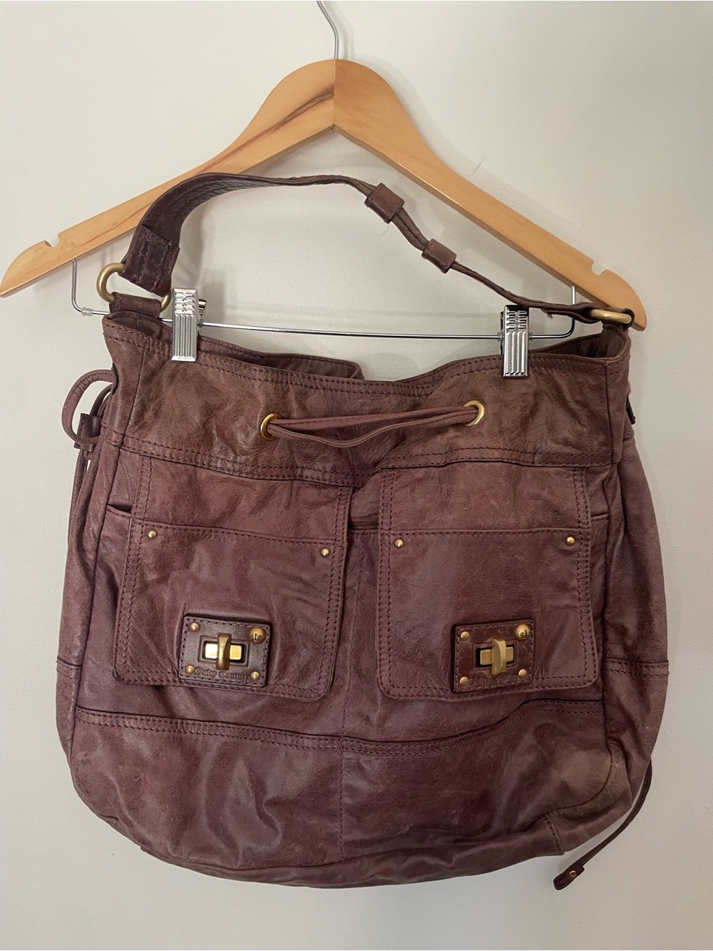 Juicy Couture Brown Leather Hobo Bag with Front Pockets y2k vintage